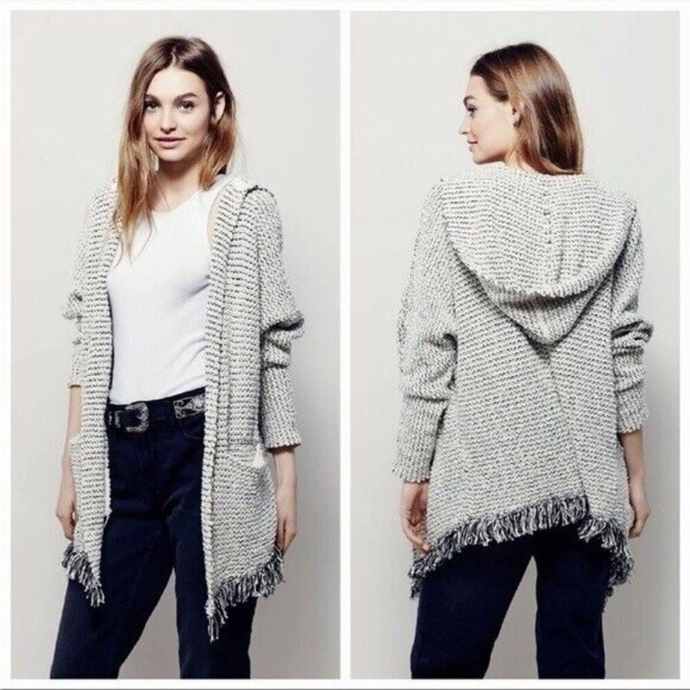 Free People Love Me Tender Cardigan Sweater Hooded Knit Fringe Blue Small - Picture 12 of 12